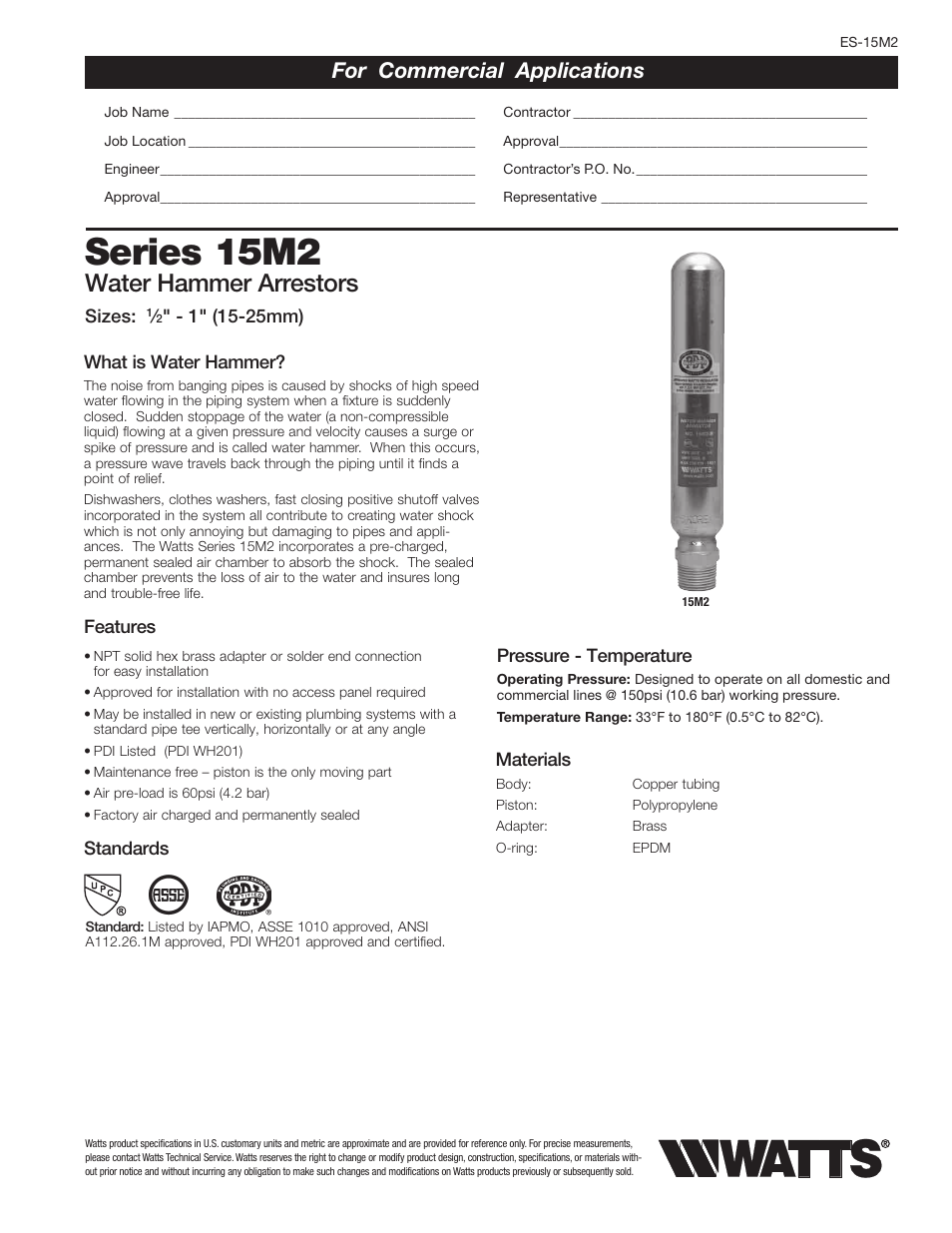 Watts 15M2 User Manual | 2 pages