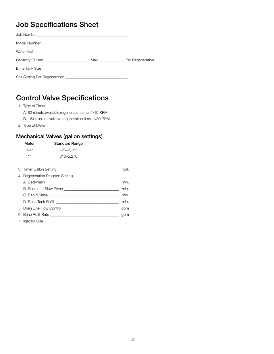 Job specifications sheet, Control valve specifications, Mechanical valves (gallon settings) | Watts PWSTA 90-120K User Manual | Page 2 / 32