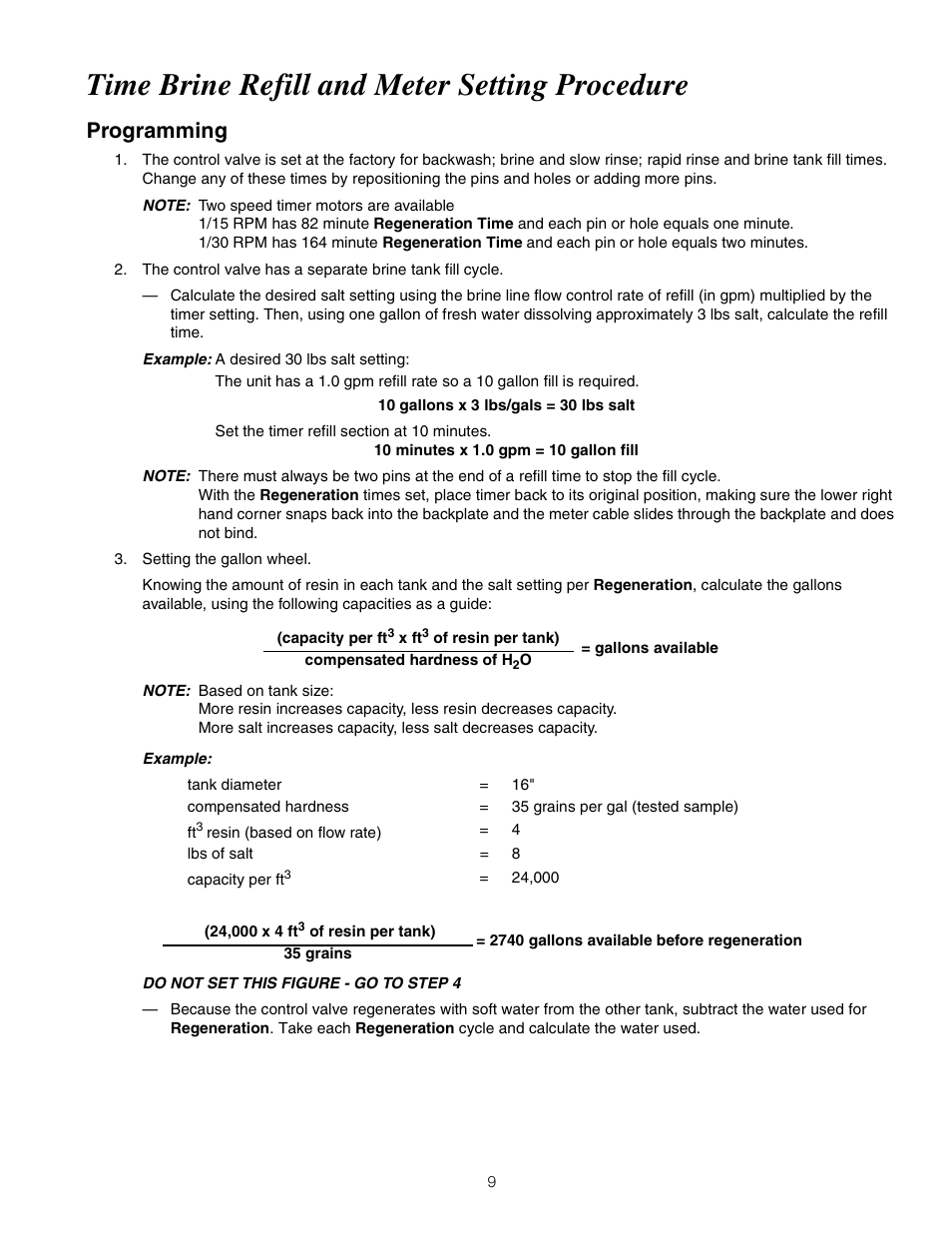 Time brine refill and meter setting procedure, Programming | Watts PWSTA 90-120K User Manual | Page 9 / 32