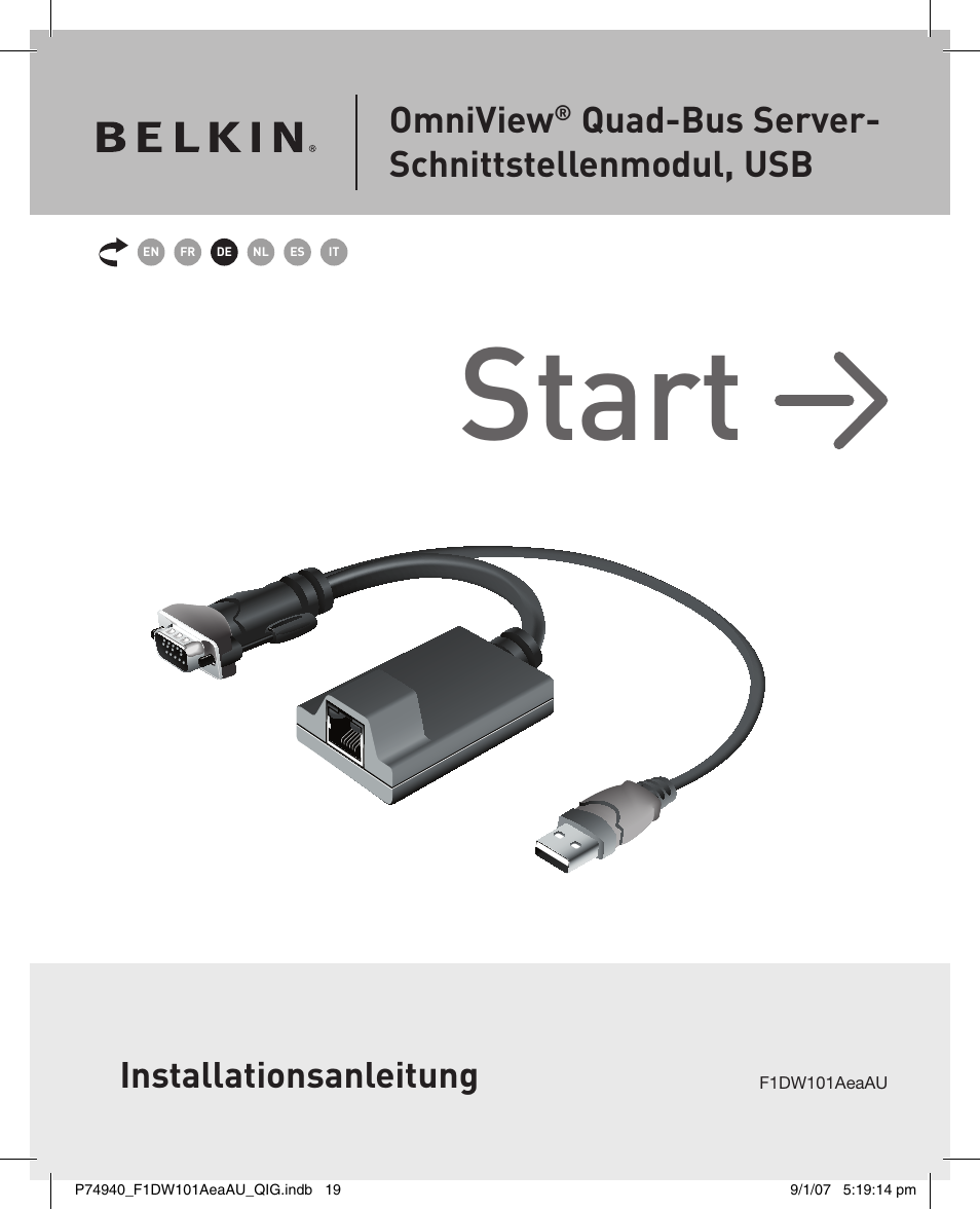 Start, Installationsanleitung, Omniview | Quad-bus server- schnittstellenmodul, usb | Belkin F1DW101AEAAU User Manual | Page 18 / 52