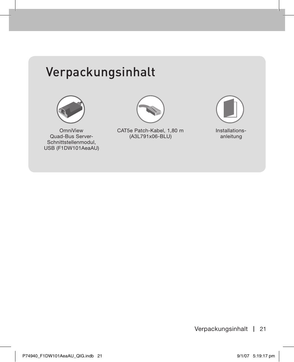Verpackungsinhalt | Belkin F1DW101AEAAU User Manual | Page 20 / 52