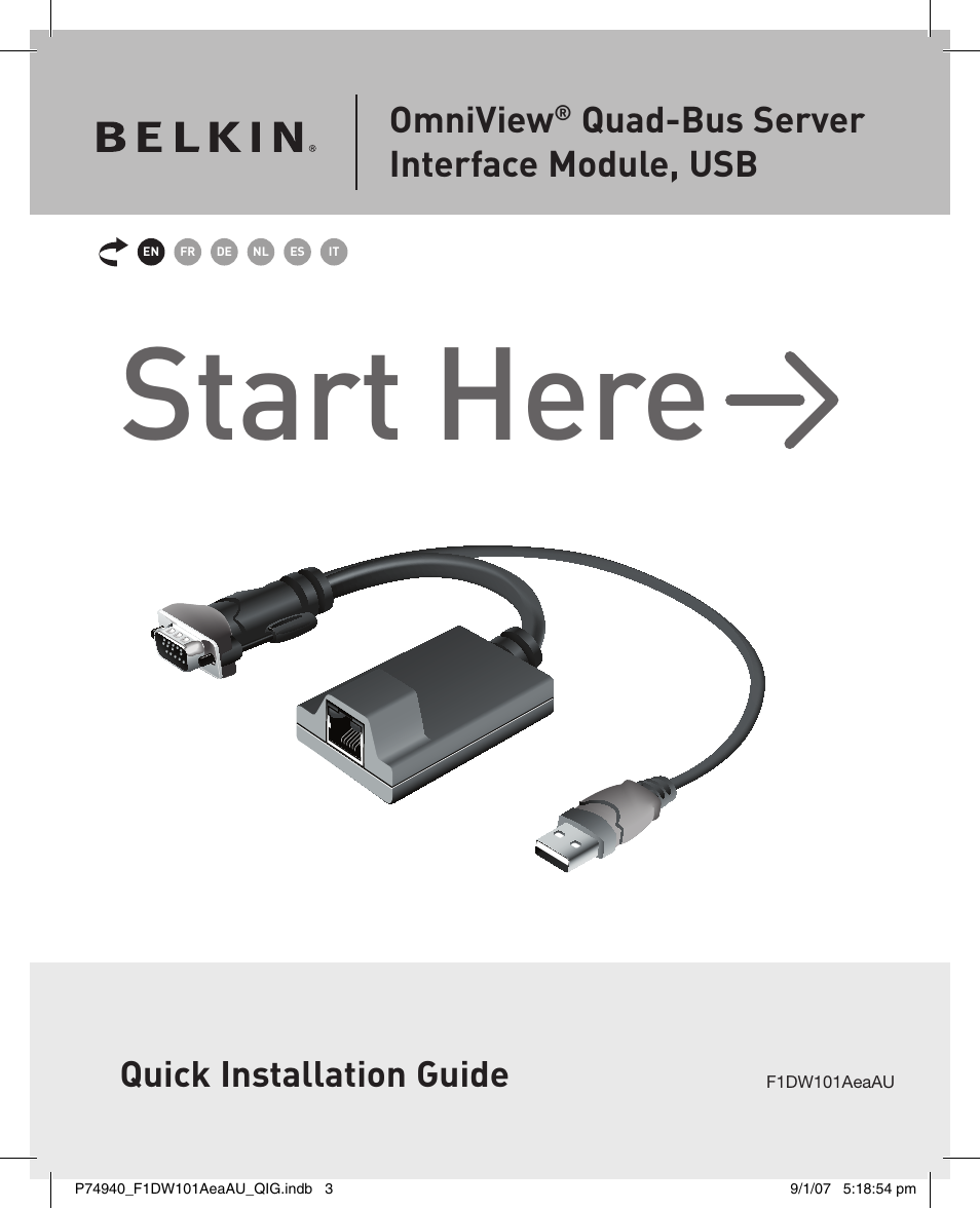 Start here, Quick installation guide, Omniview | Quad-bus server interface module, usb | Belkin F1DW101AEAAU User Manual | Page 3 / 52