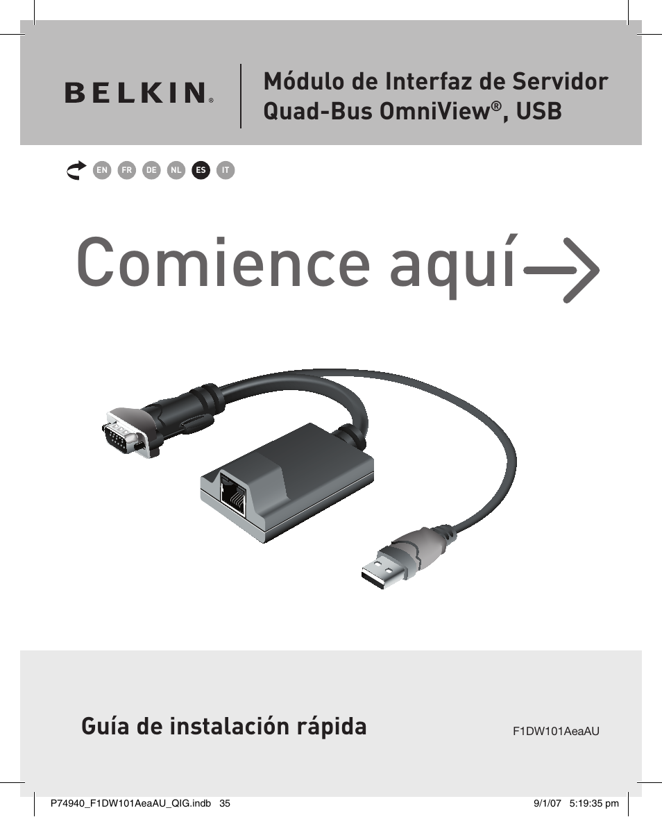 Comience aquí, Guía de instalación rápida, Módulo de interfaz de servidor quad-bus omniview | Belkin F1DW101AEAAU User Manual | Page 34 / 52