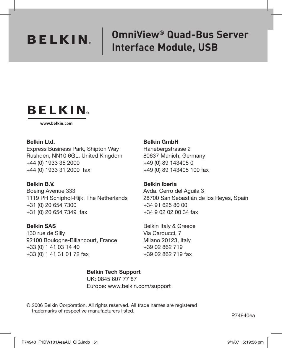 Omniview, Quad-bus server interface module, usb | Belkin F1DW101AEAAU User Manual | Page 52 / 52
