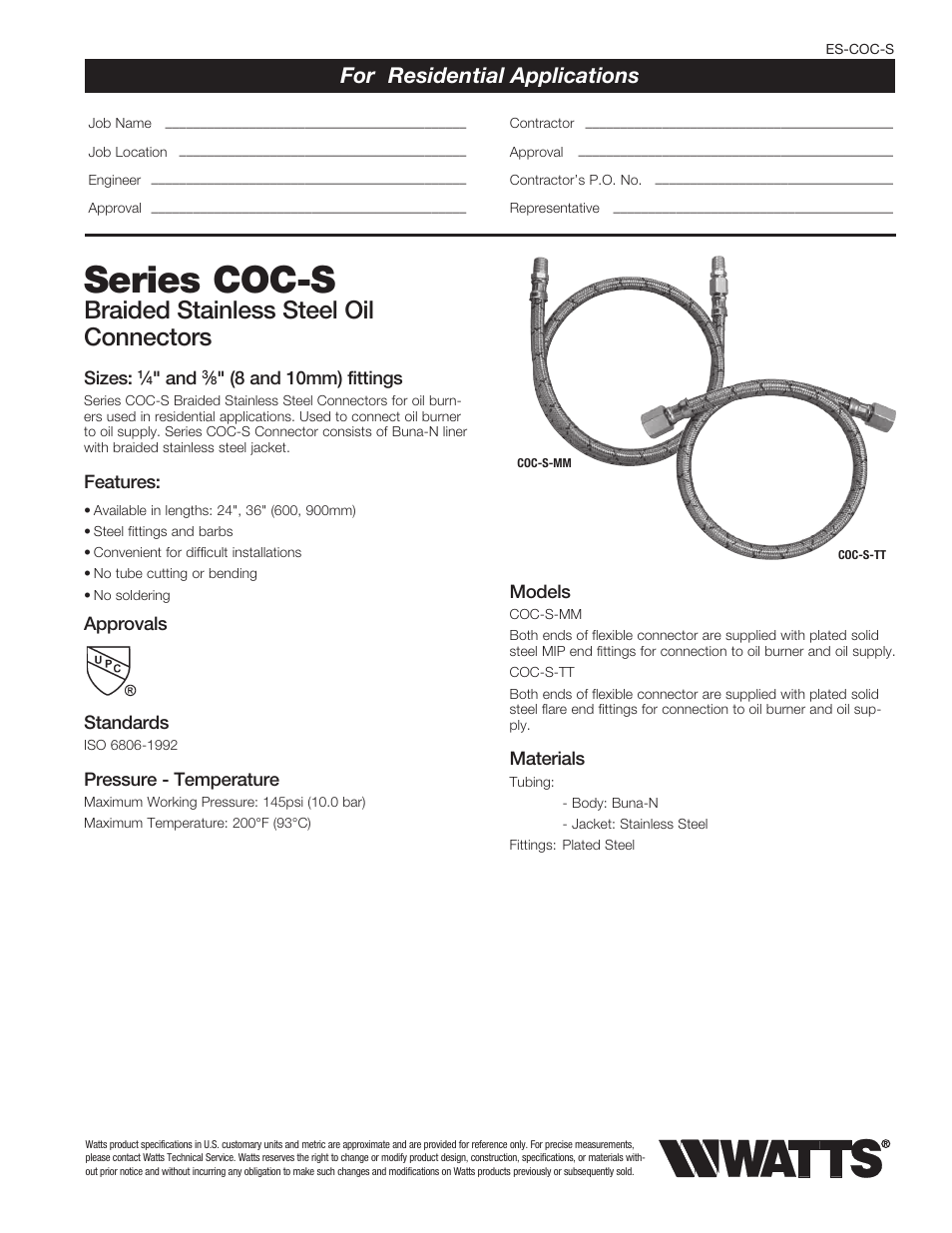 Watts COC-S User Manual | 2 pages