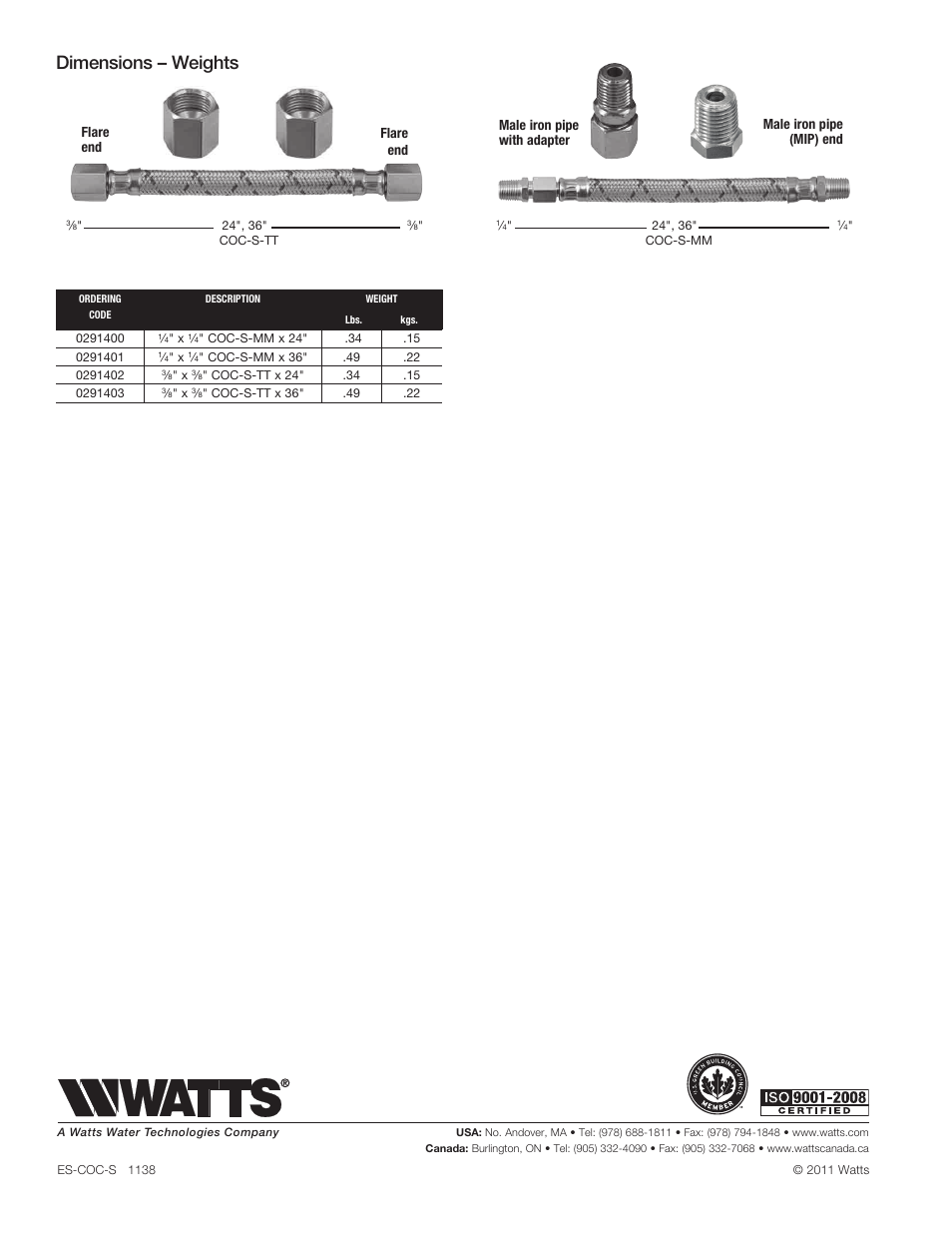 Dimensions – weights | Watts COC-S User Manual | Page 2 / 2