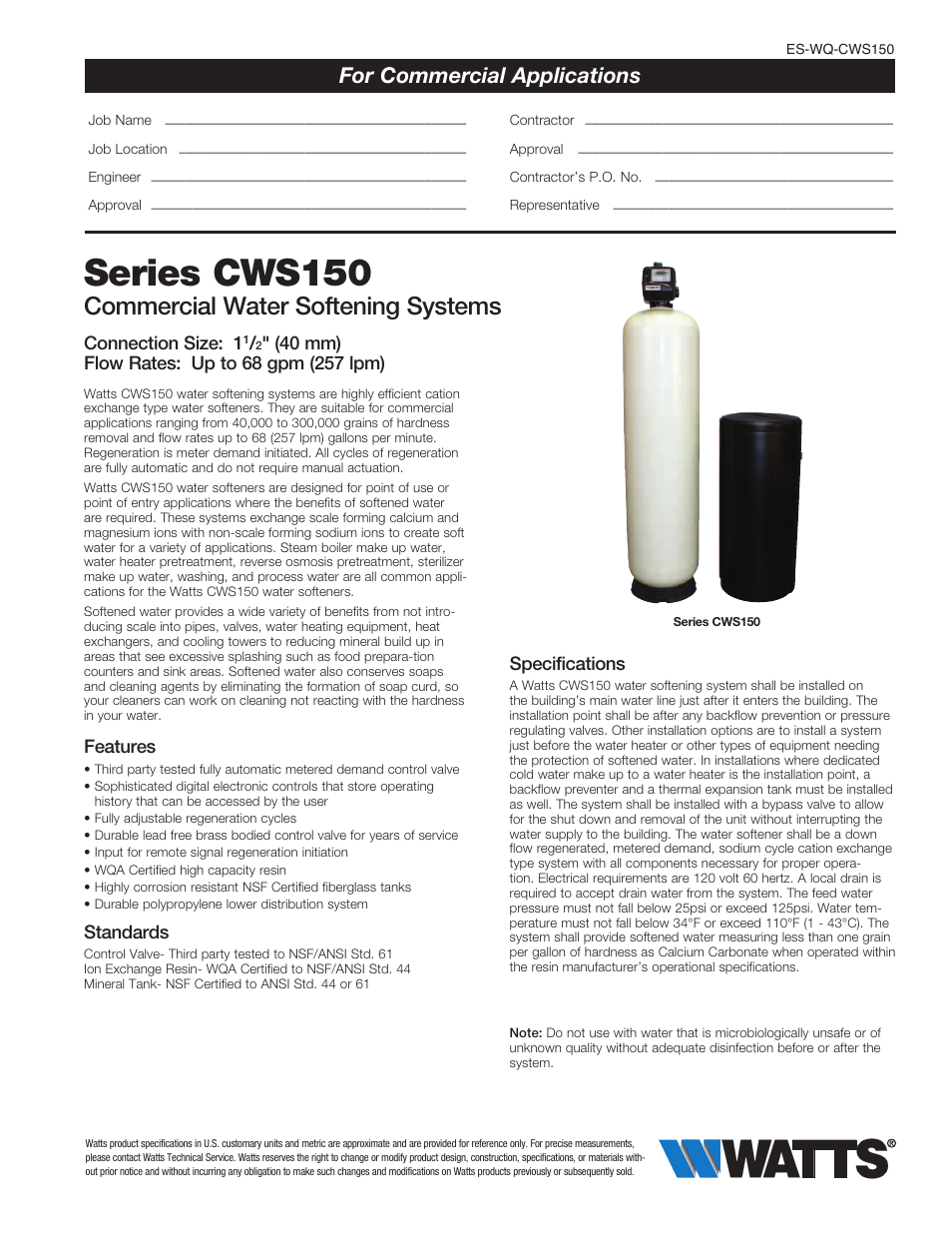 Watts CWS150 User Manual | 2 pages