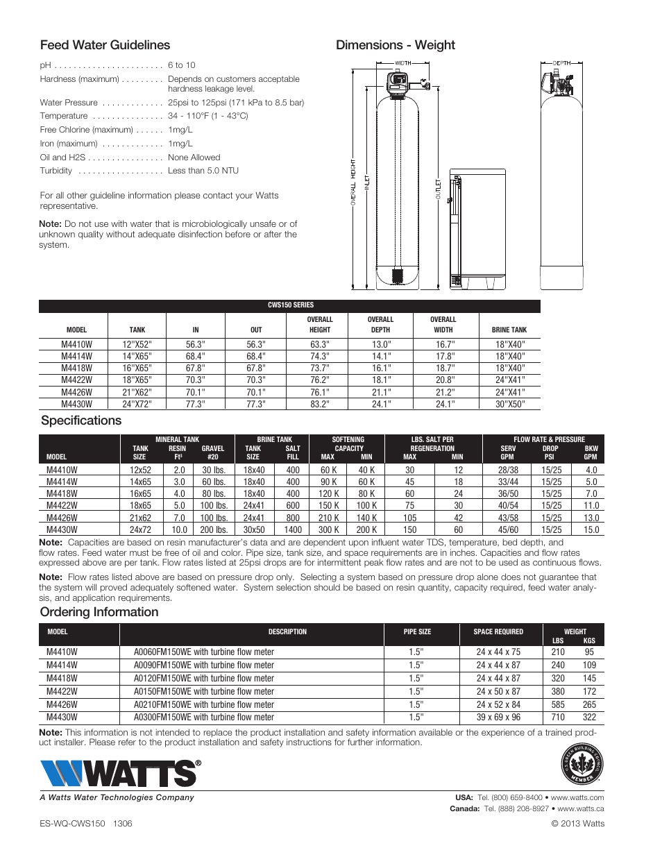 Feed water guidelines, Specifications, Dimensions - weight | Ordering information | Watts CWS150 User Manual | Page 2 / 2