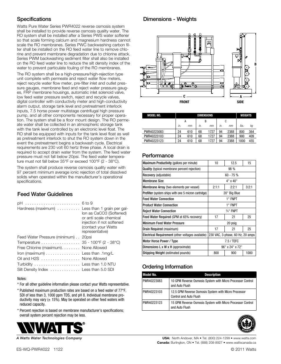 Dimensions - weights, Feed water guidelines, Specifications | Performance, Ordering information | Watts PWR4022 User Manual | Page 2 / 2