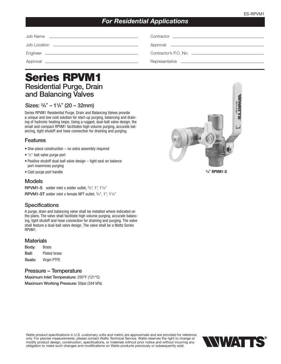 Watts RPVM1 User Manual | 2 pages