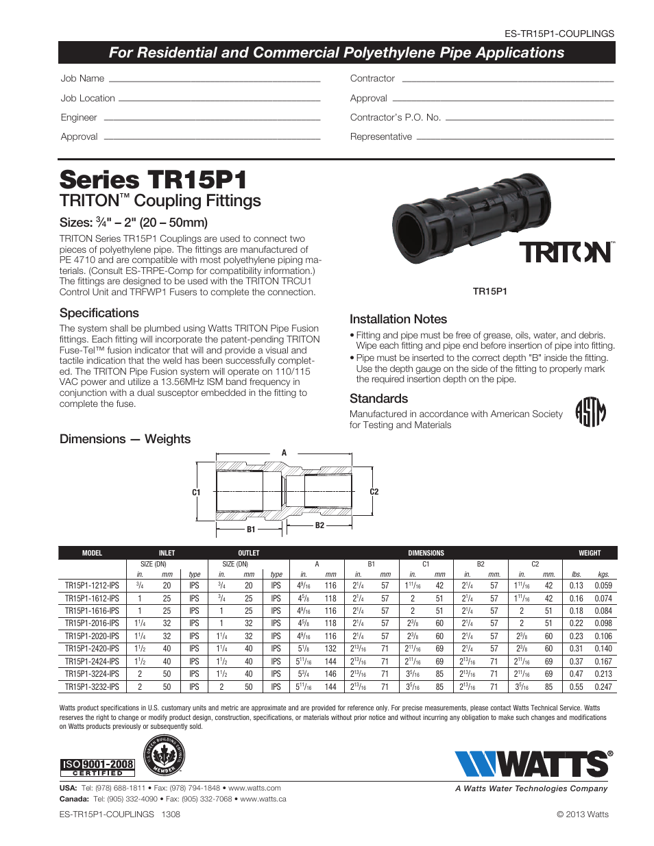 Watts TR15P1 IPS Couplings User Manual | 1 page