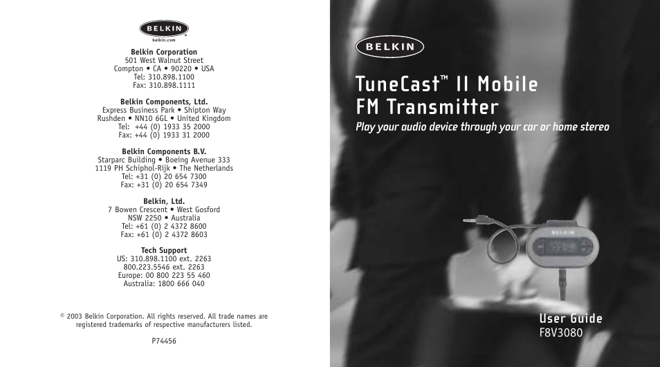 Belkin TUNECAST F8V3080 User Manual | 2 pages