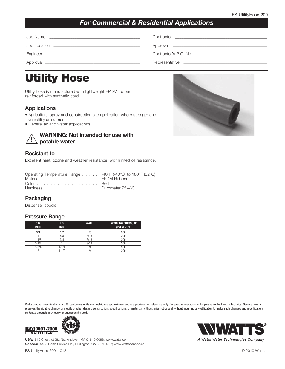 Watts Utility Hose - Reels User Manual | 1 page