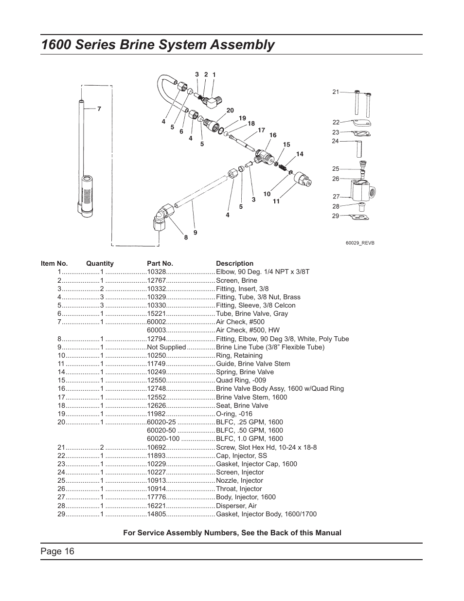 1600 series brine system assembly, Page 16 | Watts Fleck 2750 Brass Valve User Manual | Page 16 / 36