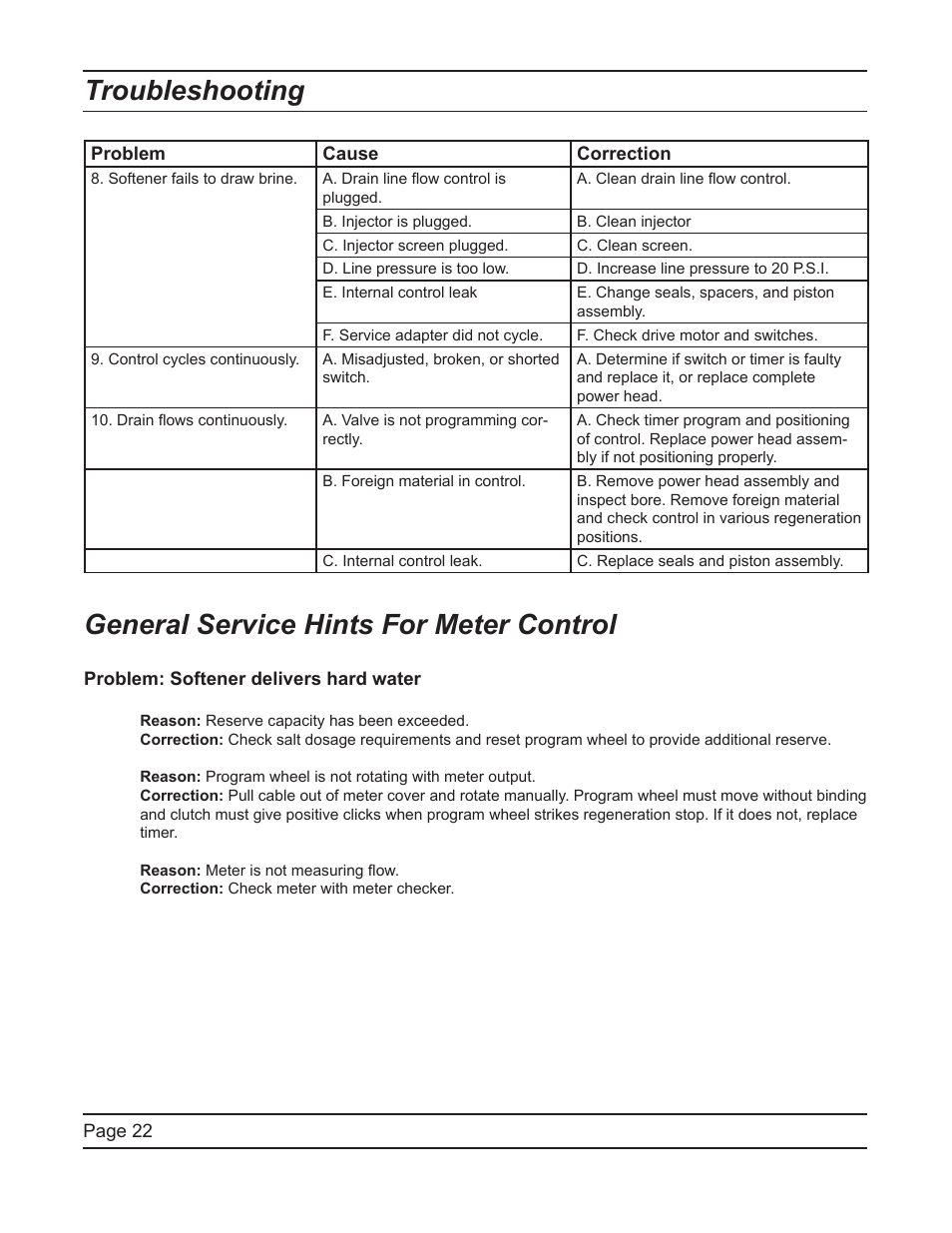 Troubleshooting, General service hints for meter control | Watts Fleck 2750 Brass Valve User Manual | Page 22 / 36