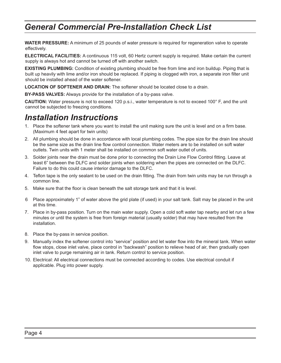 General commercial pre-installation check list, Installation instructions | Watts Fleck 2750 Brass Valve User Manual | Page 4 / 36