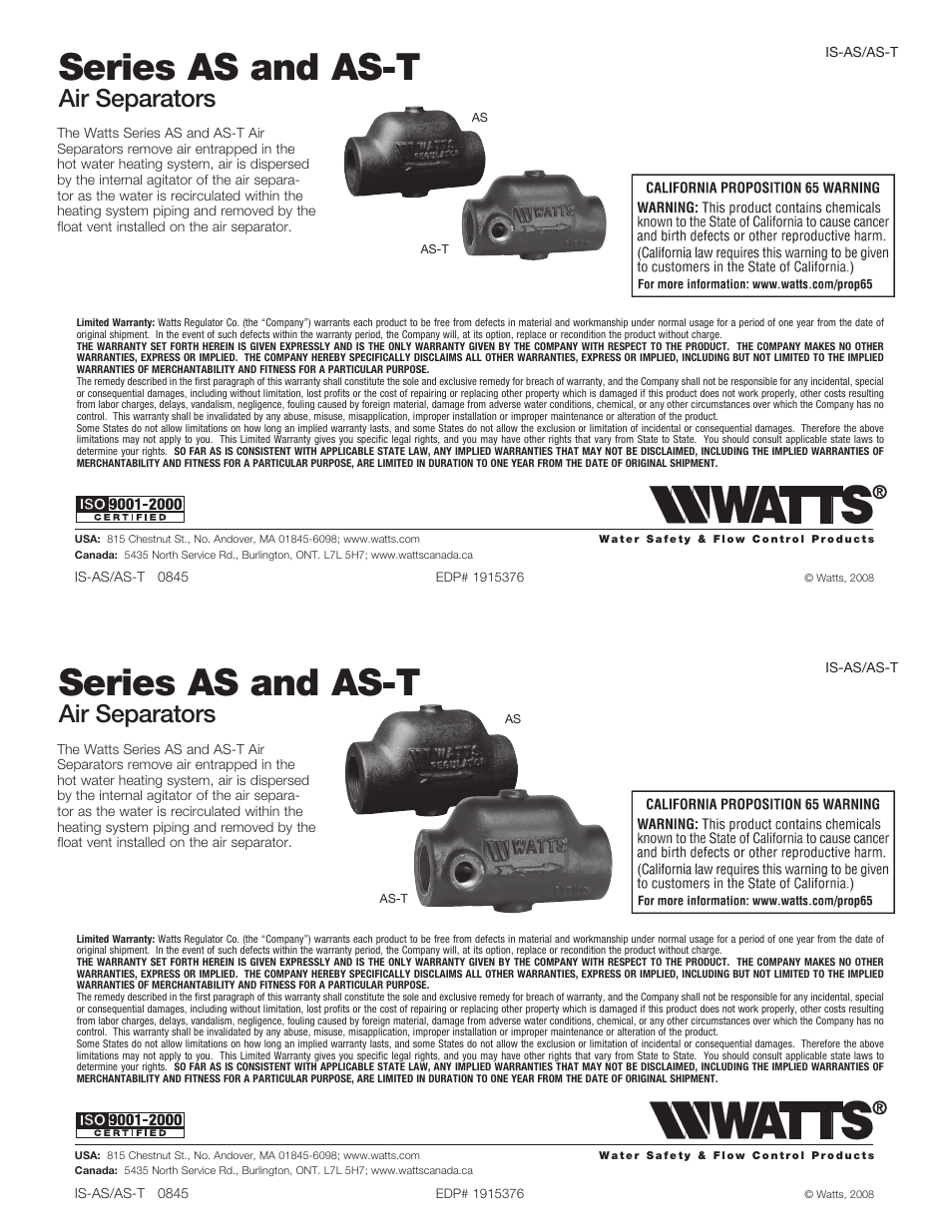 Watts AS-T User Manual | 1 page