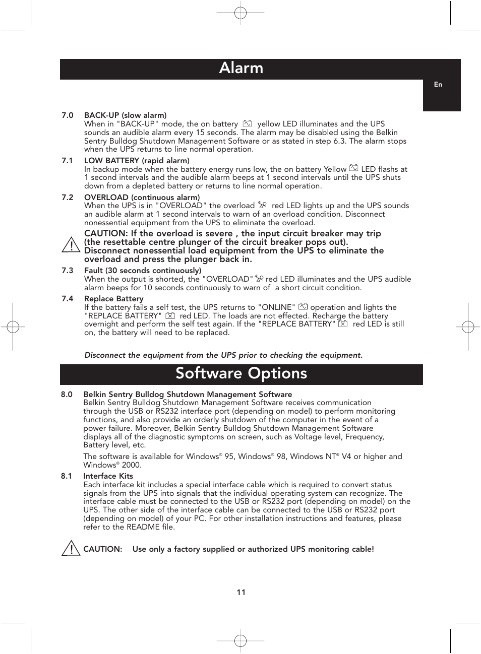 Alarm, Software options | Belkin P73220uk User Manual | Page 11 / 20