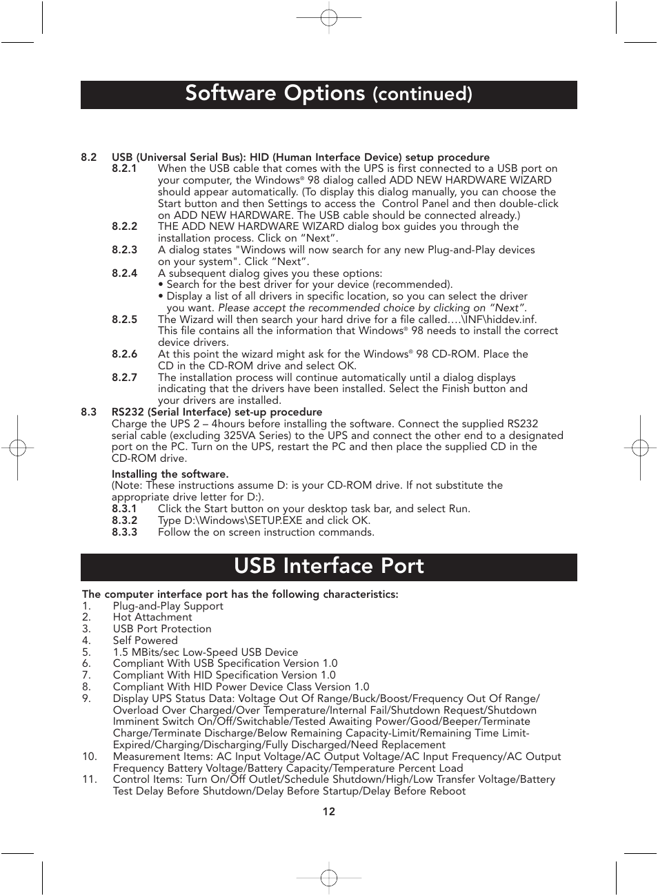 Software options, Usb interface port, Continued) | Belkin P73220uk User Manual | Page 12 / 20