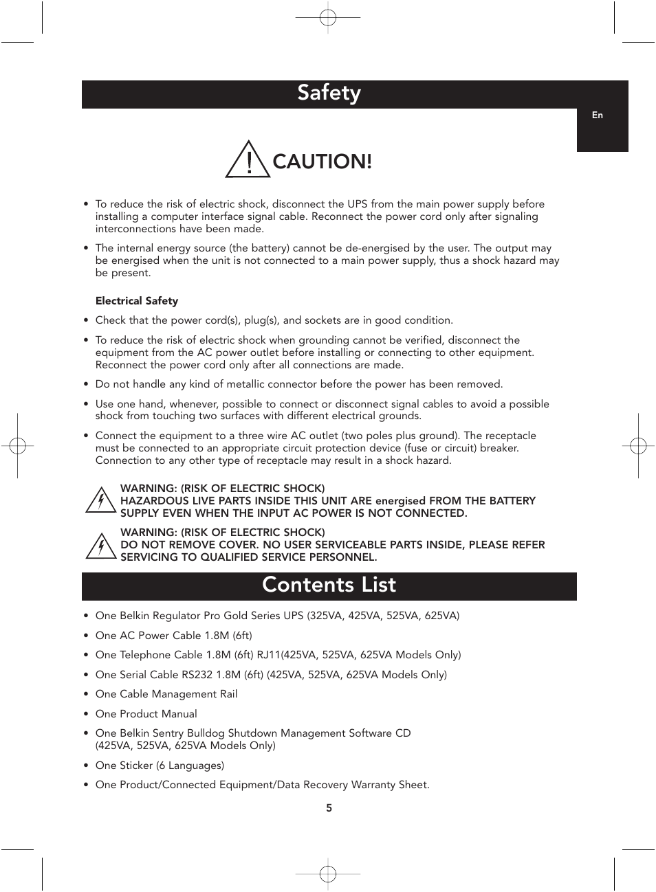 Safety, Contents list, Caution | Belkin P73220uk User Manual | Page 5 / 20