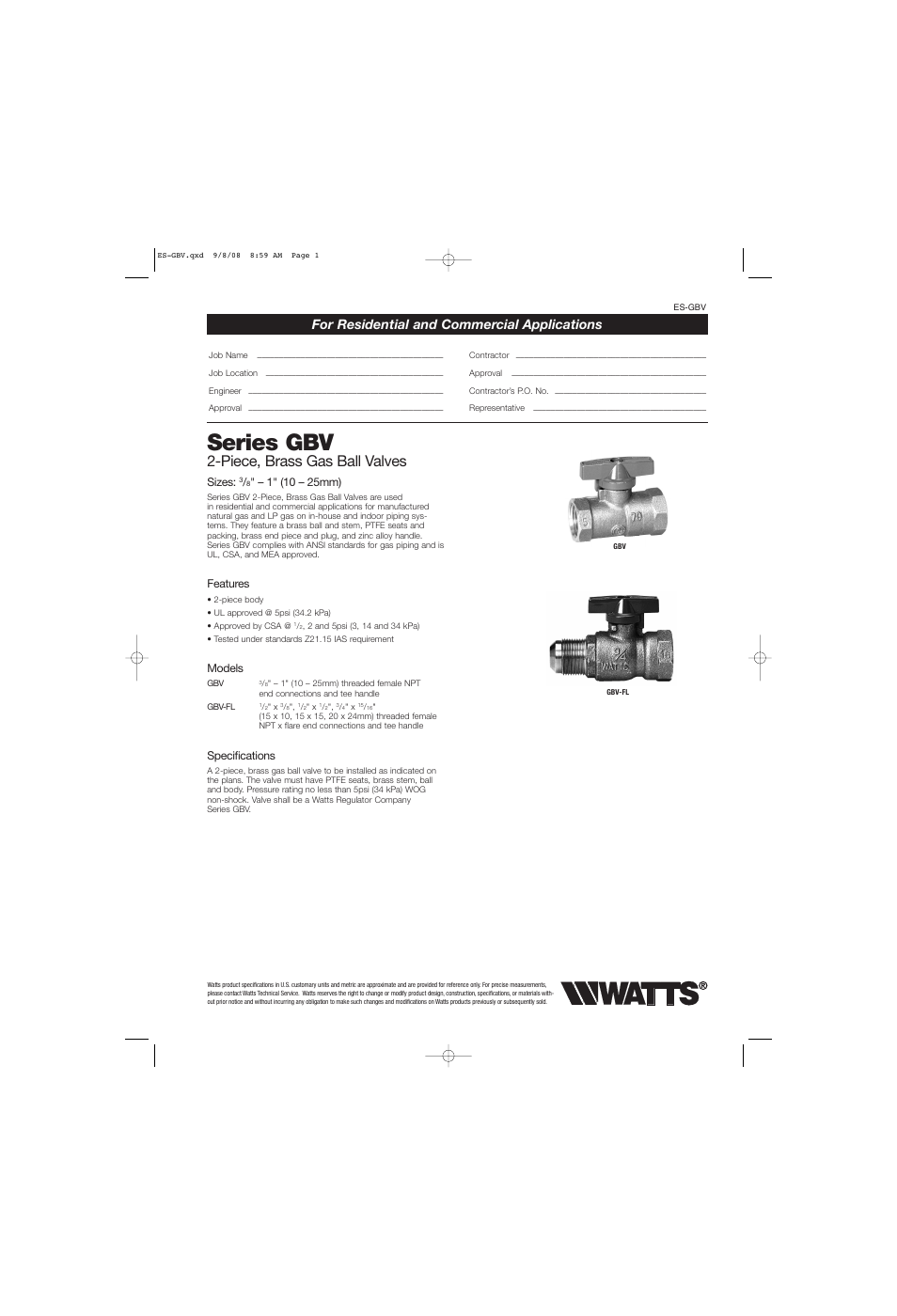 Watts GBV User Manual | 2 pages