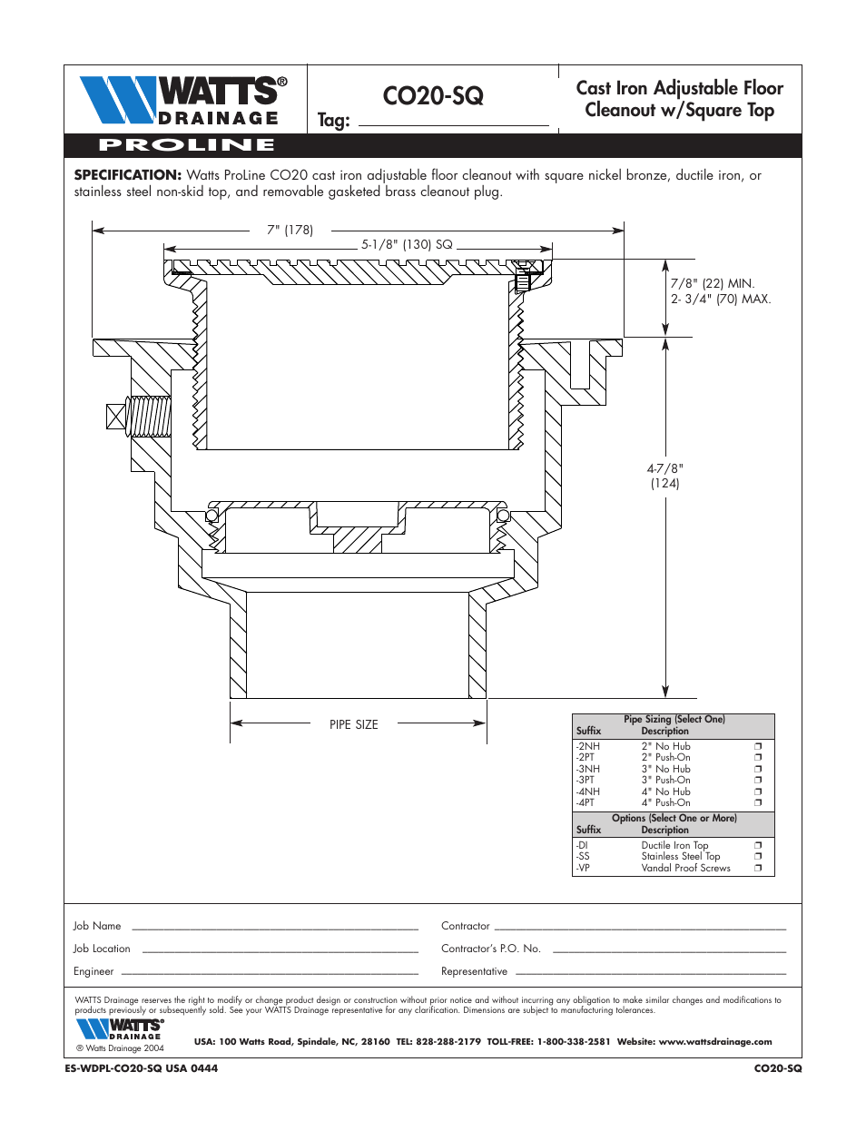 Watts CO20-SQ User Manual | 1 page