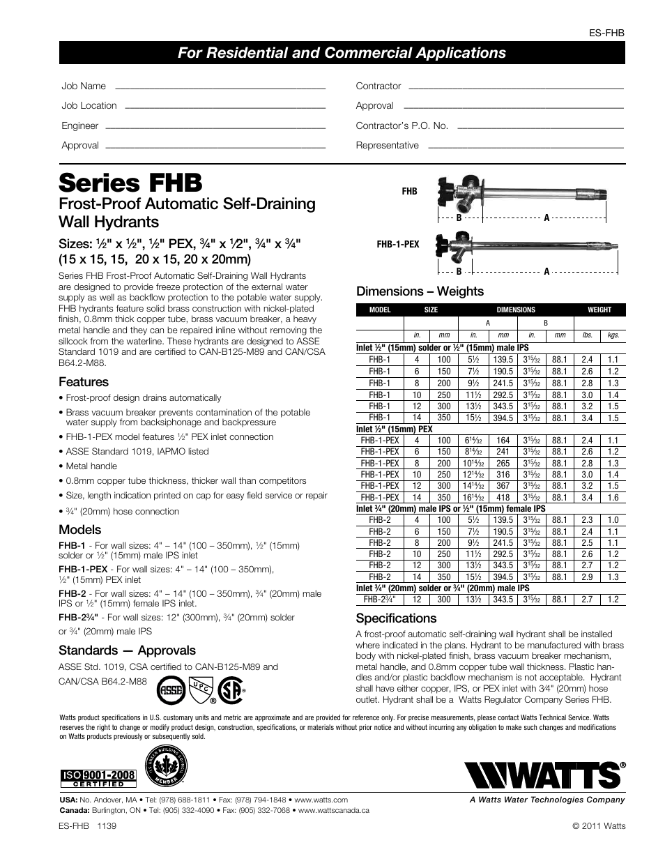 Watts FHB User Manual | 1 page