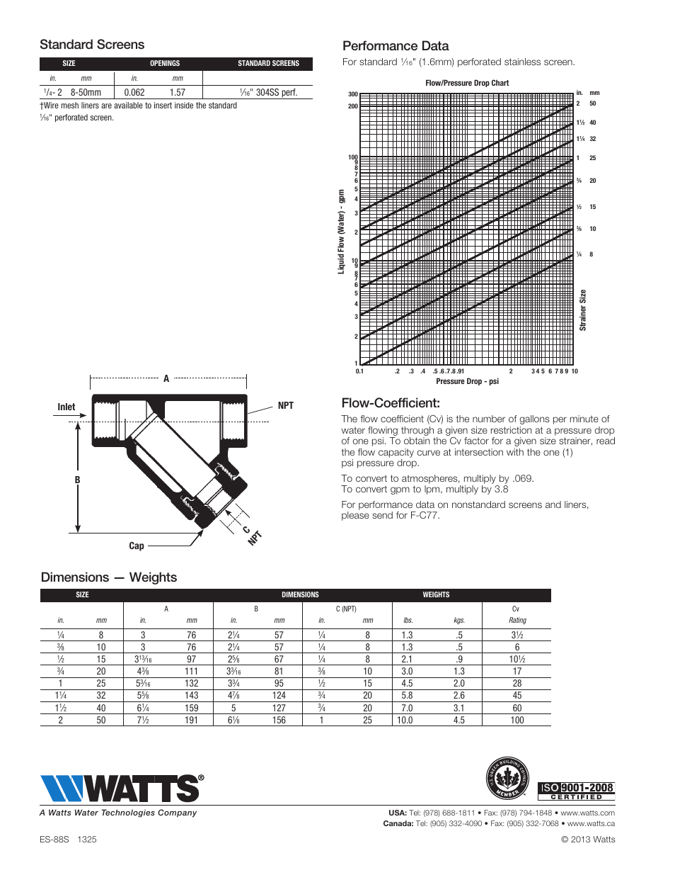 Standard screens, Flow-coefficient, Dimensions — weights performance data | Watts 88S User Manual | Page 2 / 2