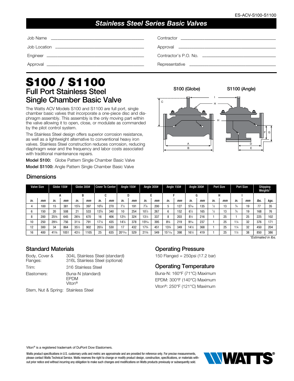 Watts S100 / S1100 User Manual | 2 pages