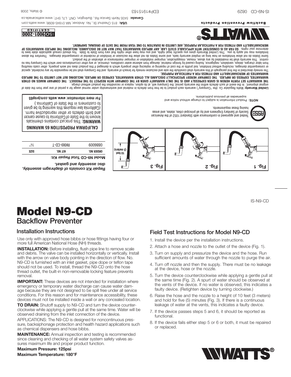 Model n9-cd, Backflow preventer, Installation instructions | Field test instructions for model n9-cd, Fig. 1 fig. 2 fig. 3 | Watts N9-CD User Manual | Page 2 / 2