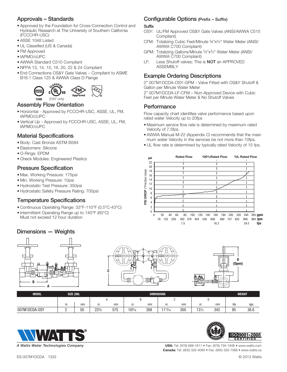 Approvals – standards, Assembly flow orientation, Material specifications | Pressure specification, Temperature specifications, Configurable options, Example ordering descriptions, Performance, Dimensions — weights | Watts 007M1DCDA User Manual | Page 2 / 2