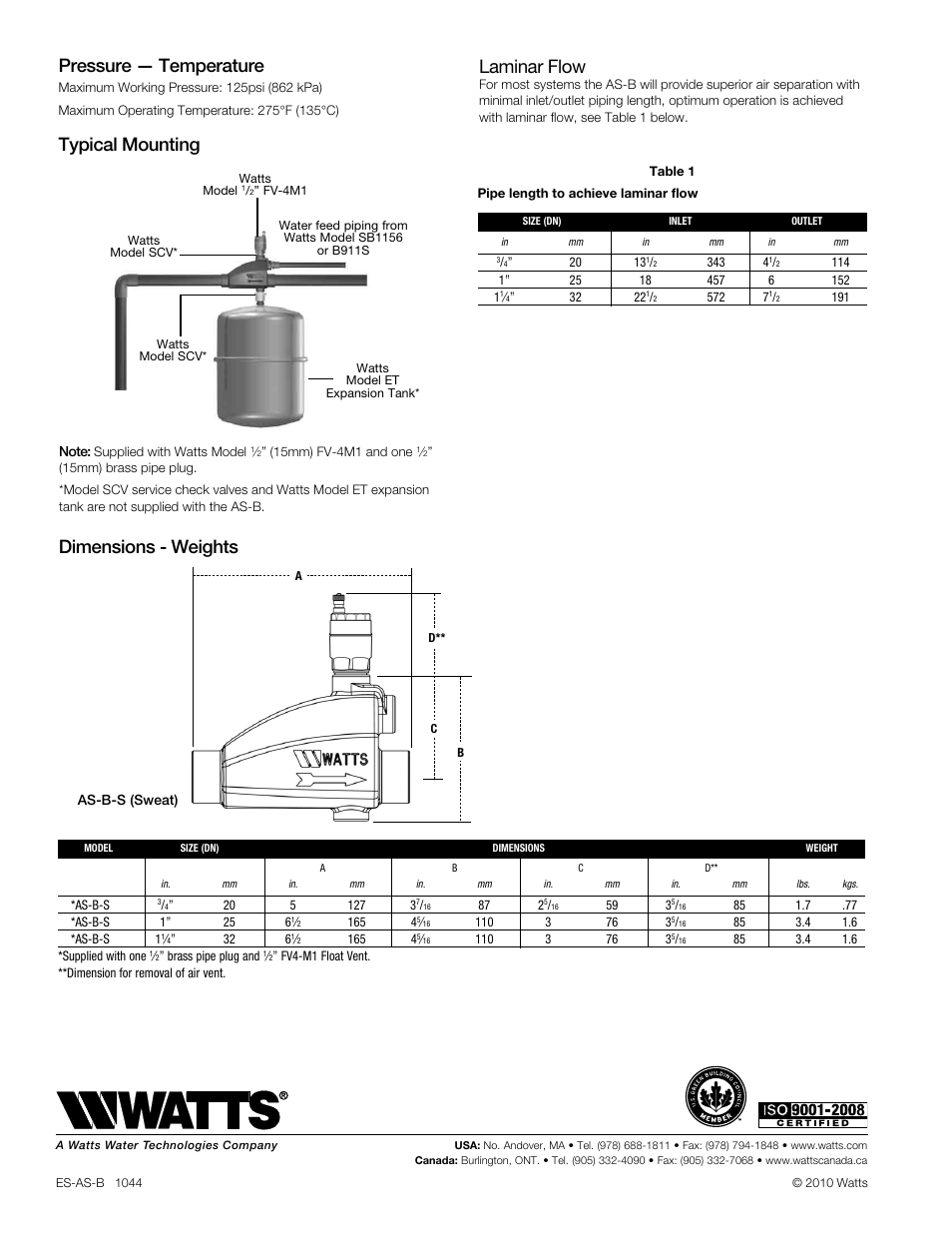 Pressure — temperature, Typical mounting, Dimensions - weights | Laminar flow | Watts AS-B User Manual | Page 2 / 2