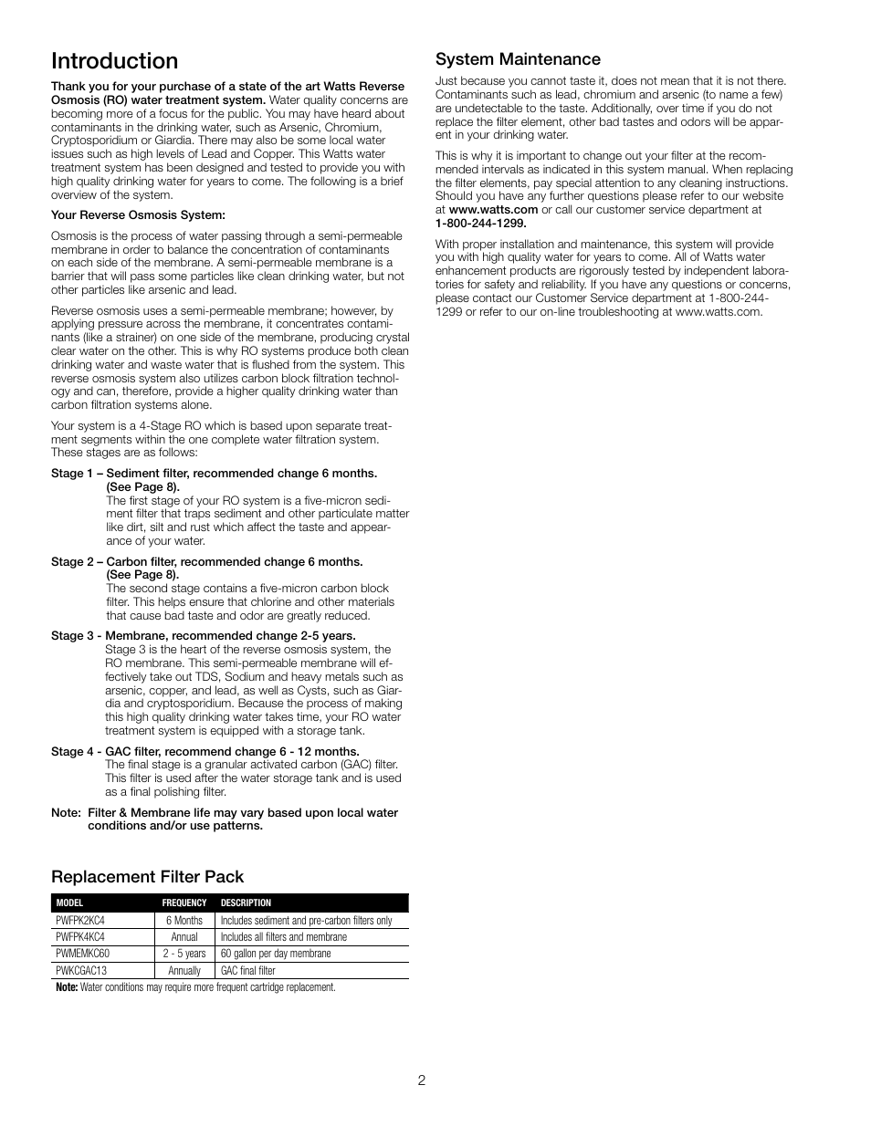 Introduction, System maintenance, Replacement filter pack | Watts PWROKC4 User Manual | Page 2 / 12