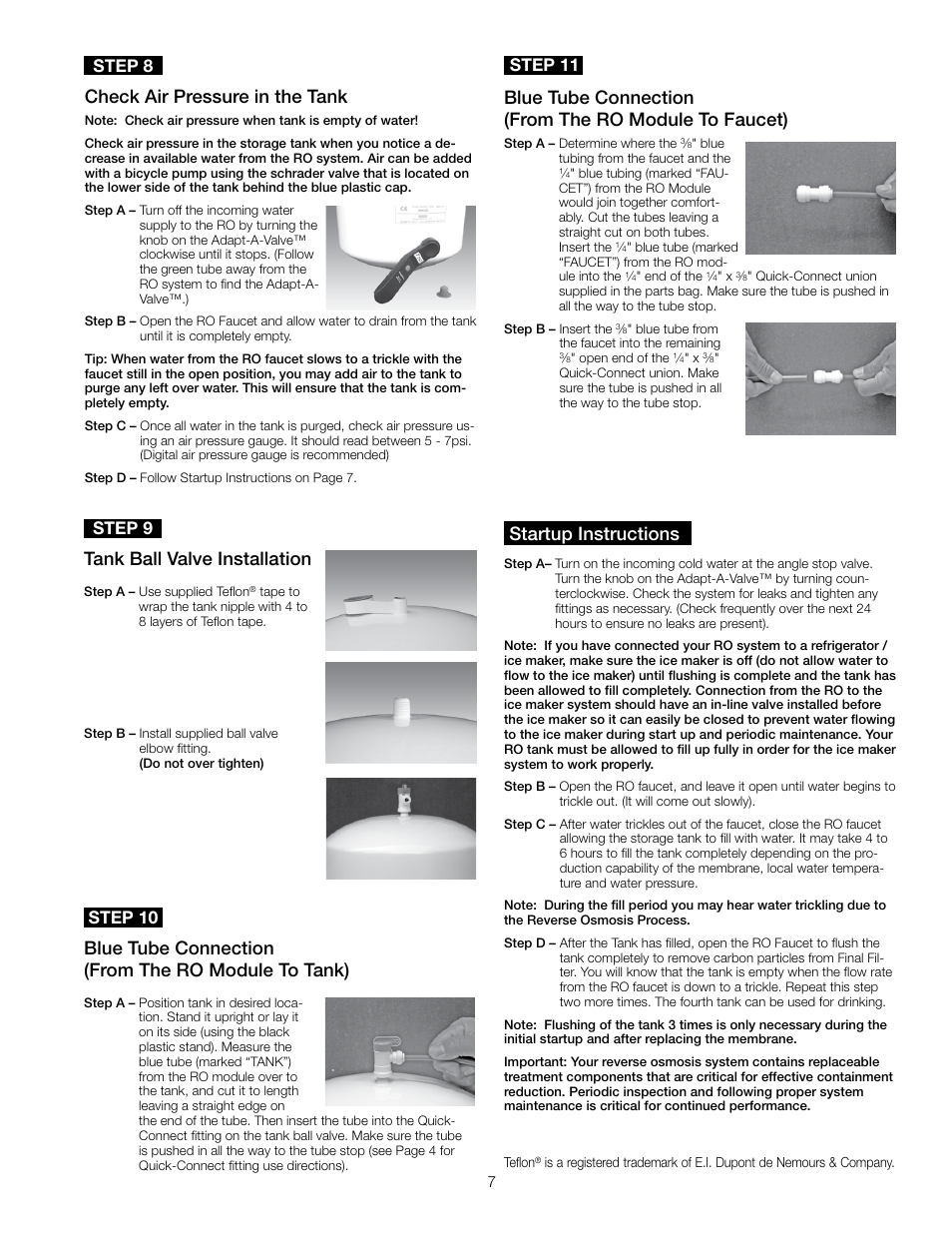 Tank ball valve installation, Blue tube connection (from the ro module to tank), Startup instructions | Check air pressure in the tank, Step 9, Step 10, Step 11, Step 8 | Watts PWROKC4 User Manual | Page 7 / 12