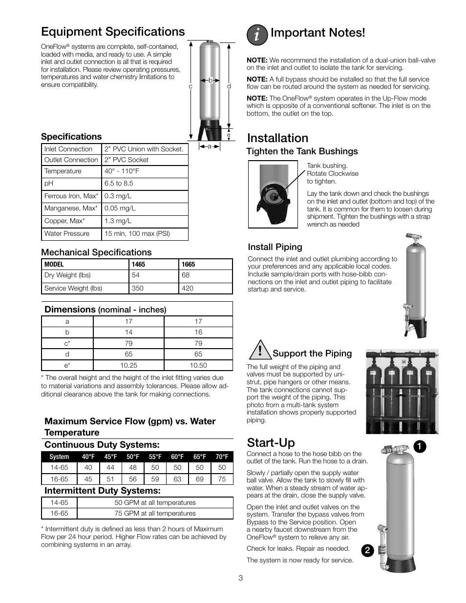 Equipment specifications, Installation, Start-up | Watts OF1665-75 User Manual | Page 3 / 12