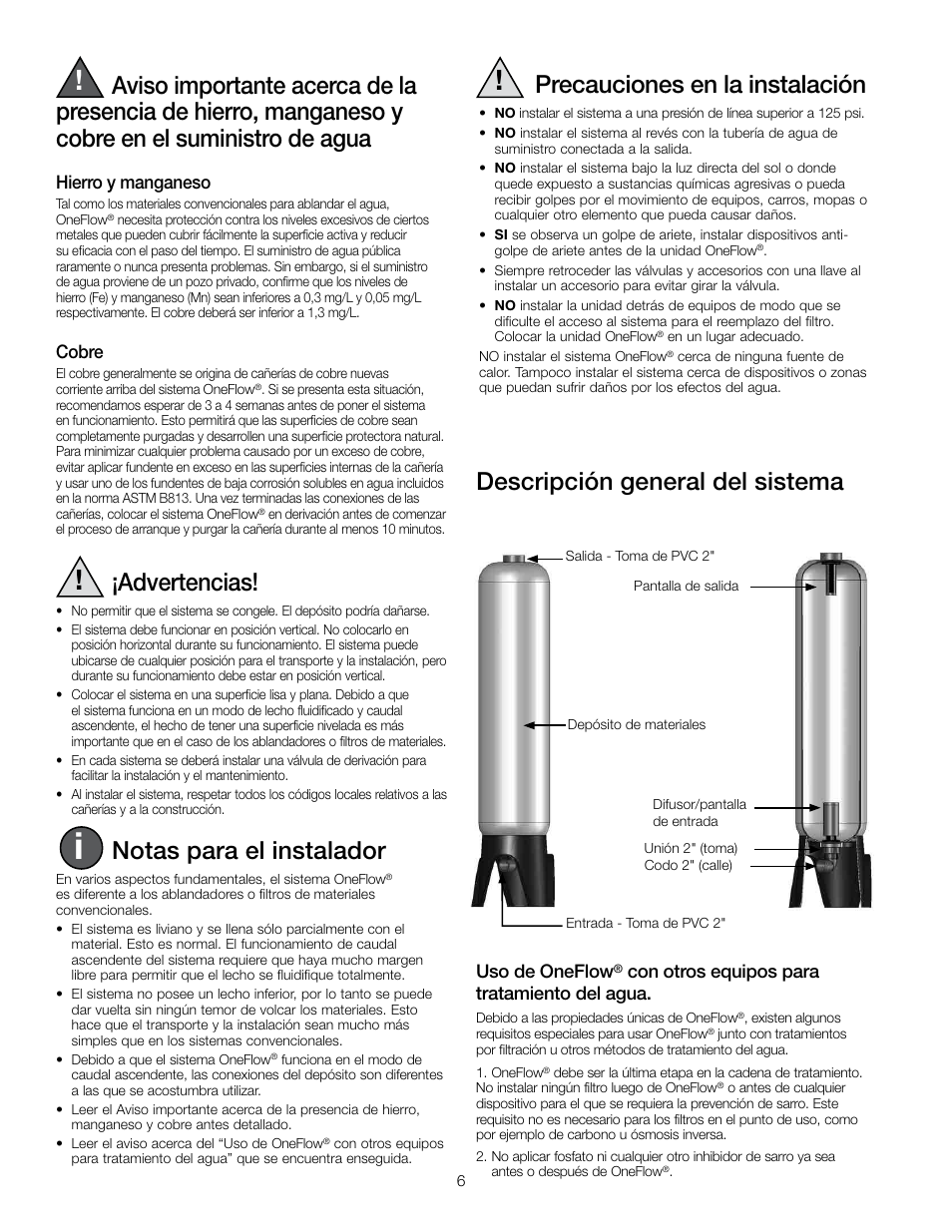 Precauciones en la instalación, Advertencias, Notas para el instalador | Descripción general del sistema | Watts OF1665-75 User Manual | Page 6 / 12