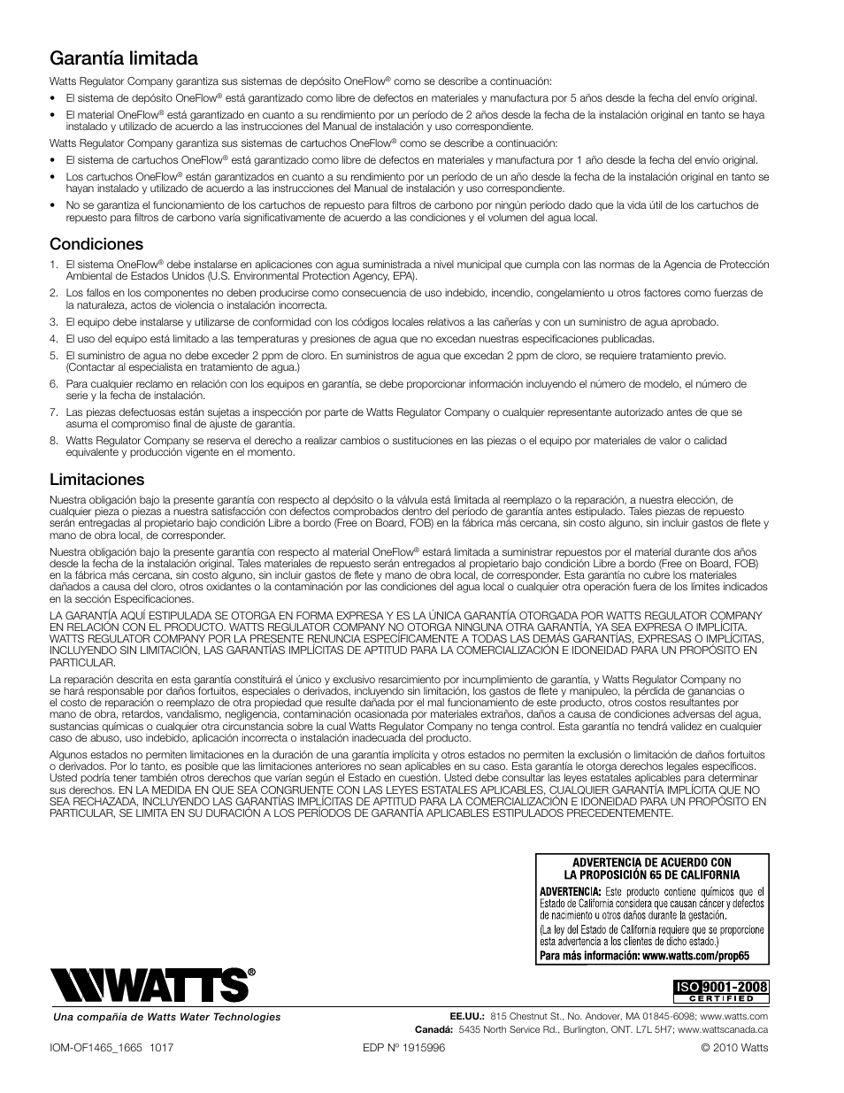 Garantía limitada, Condiciones, Limitaciones | Watts OF1665-75 User Manual | Page 8 / 12