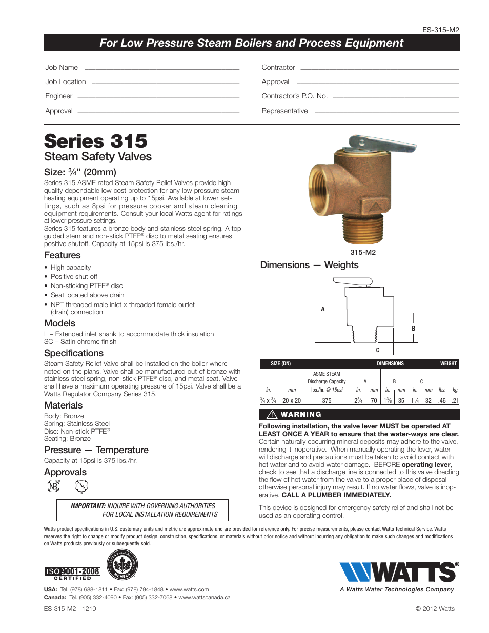 Watts 315-M2 User Manual | 1 page