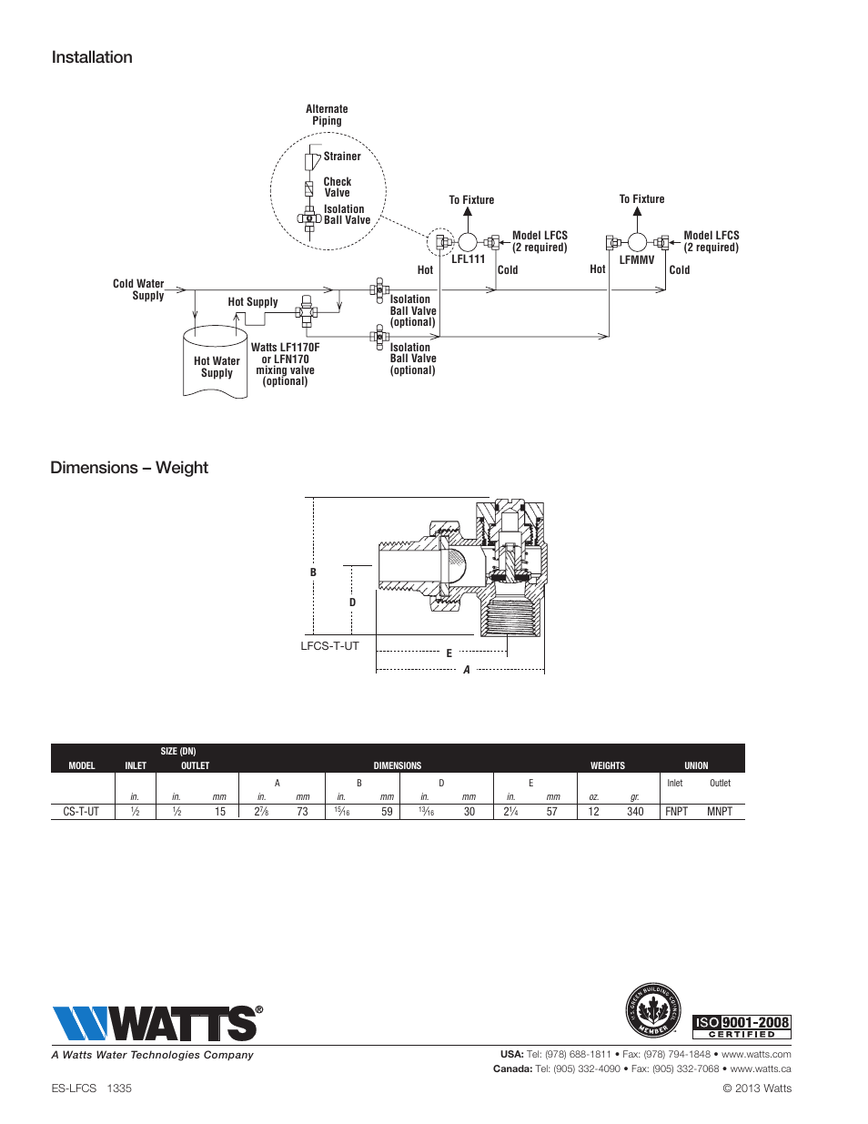 Installation dimensions – weight | Watts LFCS User Manual | Page 2 / 2