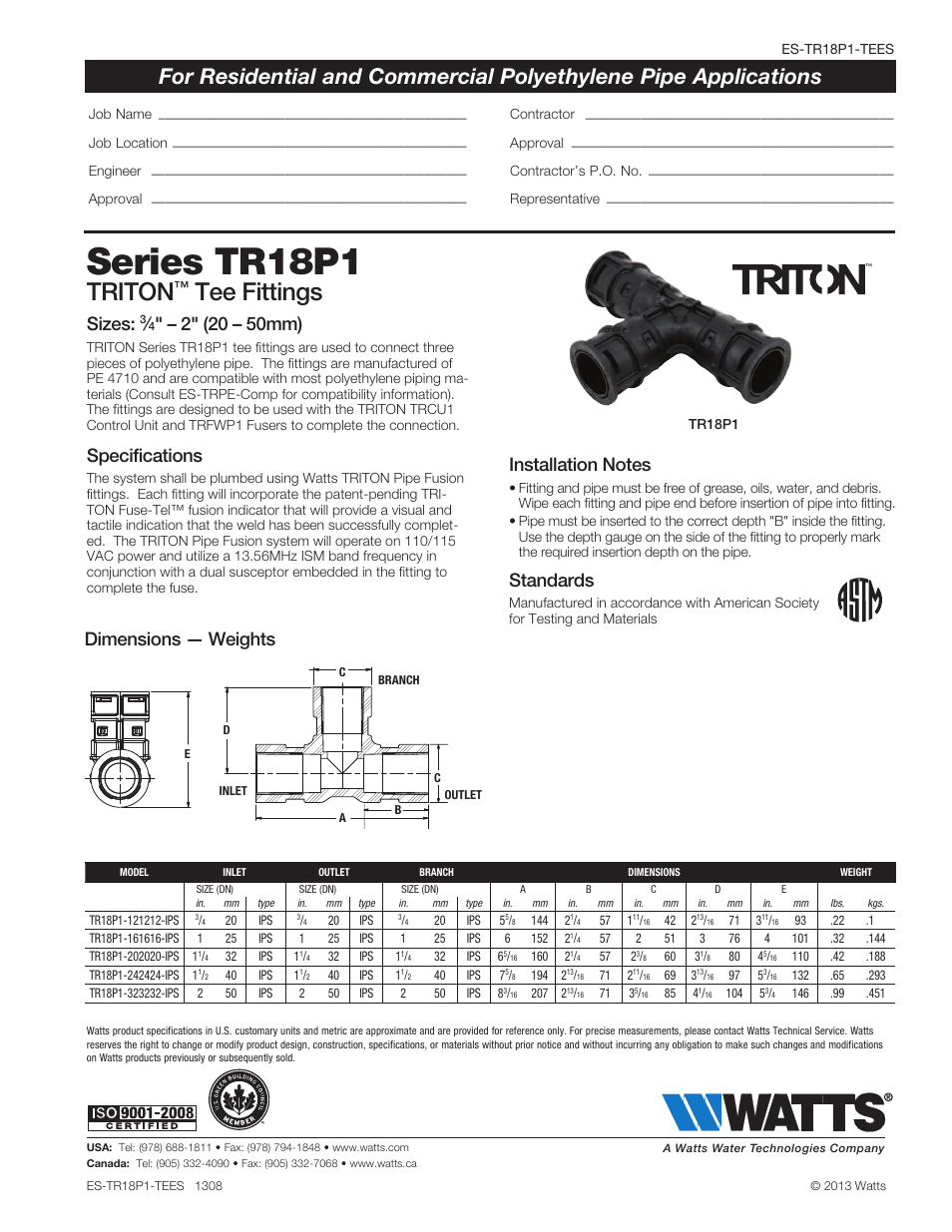 Watts TR18P1 IPS Tees User Manual | 1 page