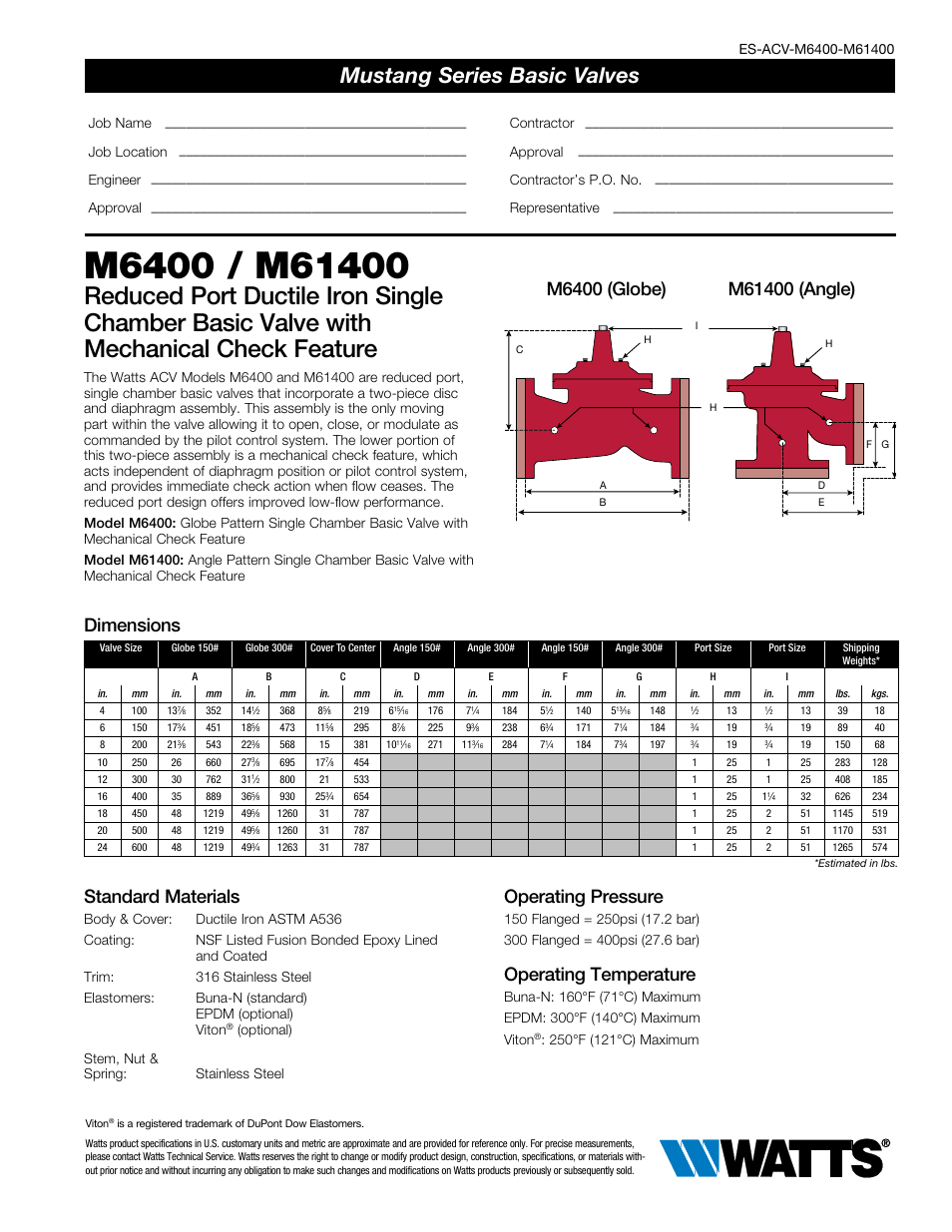 Watts M6400 / M61400 User Manual | 2 pages