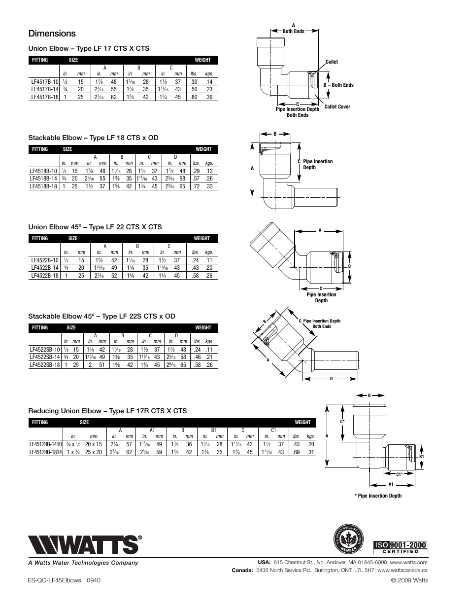 Dimensions, Reducing union elbow – type lf 17r cts x cts, Union elbow – type lf 17 cts x cts | Stackable elbow – type lf 18 cts x od, Union elbow 45º – type lf 22 cts x cts, Stackable elbow 45º – type lf 22s cts x od | Watts LF4522B User Manual | Page 2 / 2