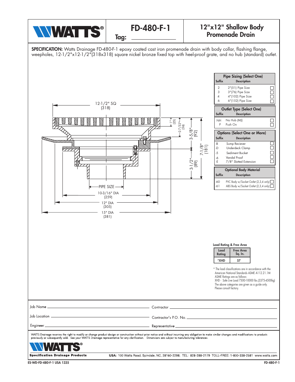 Watts FD-480-F-1 User Manual | 1 page