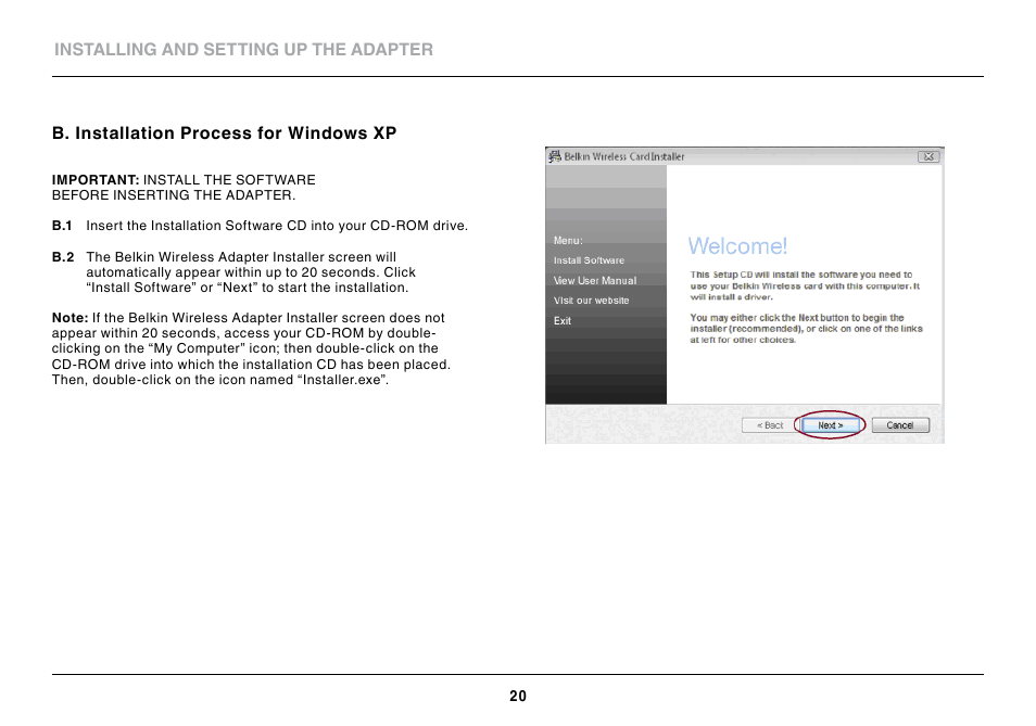 B. installation process for windows xp, B . installation process for windows xp | Belkin BASIC F7D1101 User Manual | Page 22 / 39