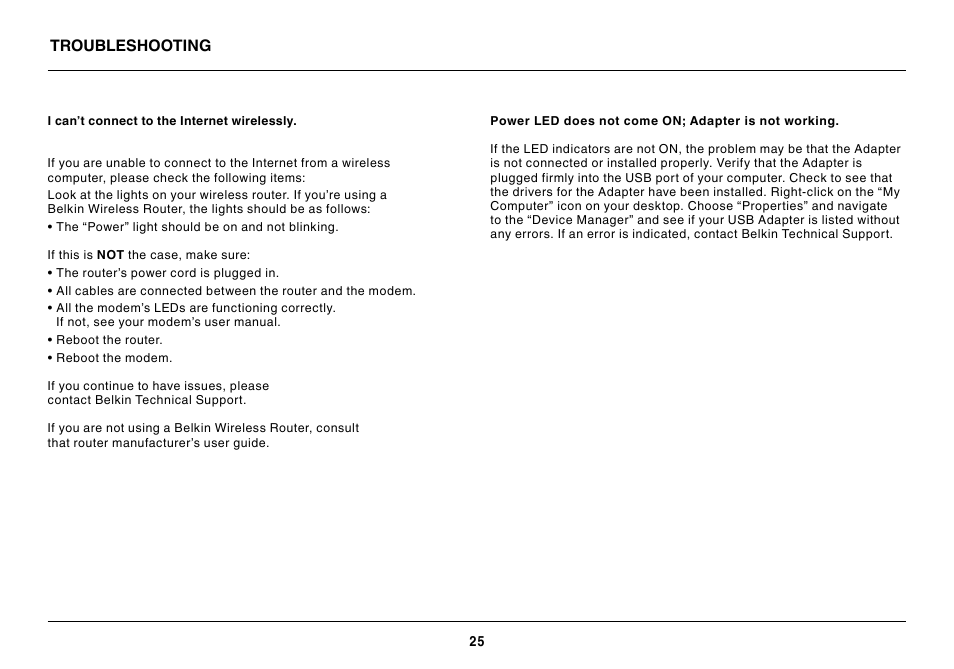 Troubleshooting | Belkin BASIC F7D1101 User Manual | Page 27 / 39