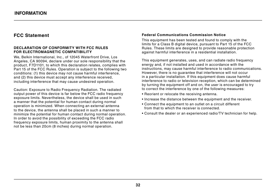 Information, Fcc statement | Belkin BASIC F7D1101 User Manual | Page 34 / 39
