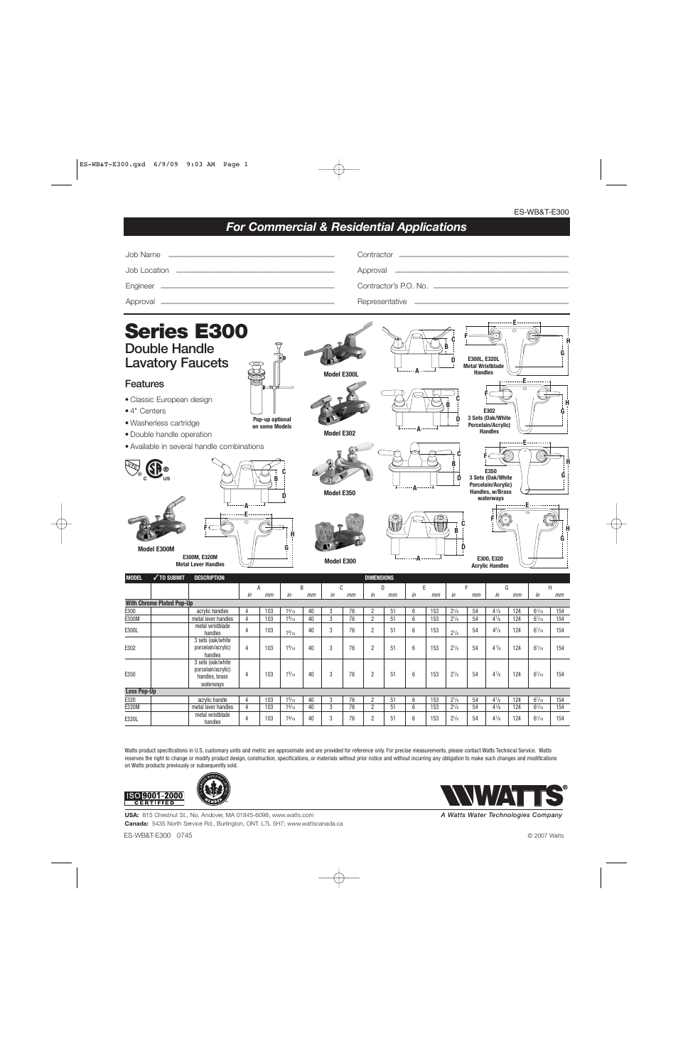 Watts E350 User Manual | 1 page
