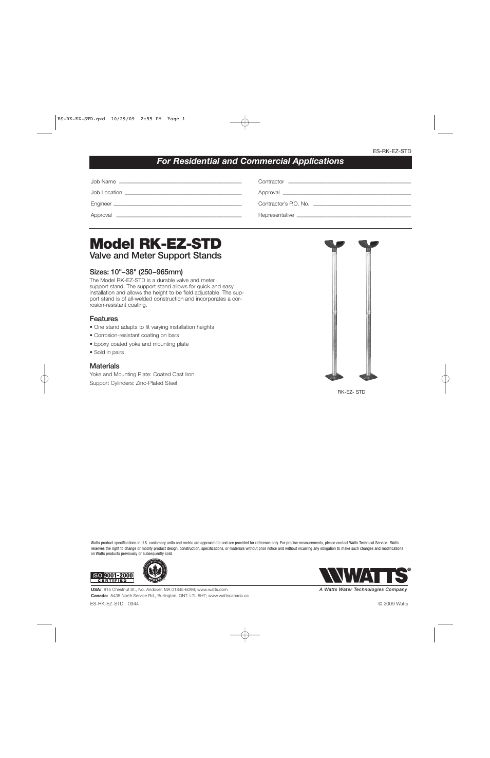 Watts RK-EZ-STD User Manual | 1 page