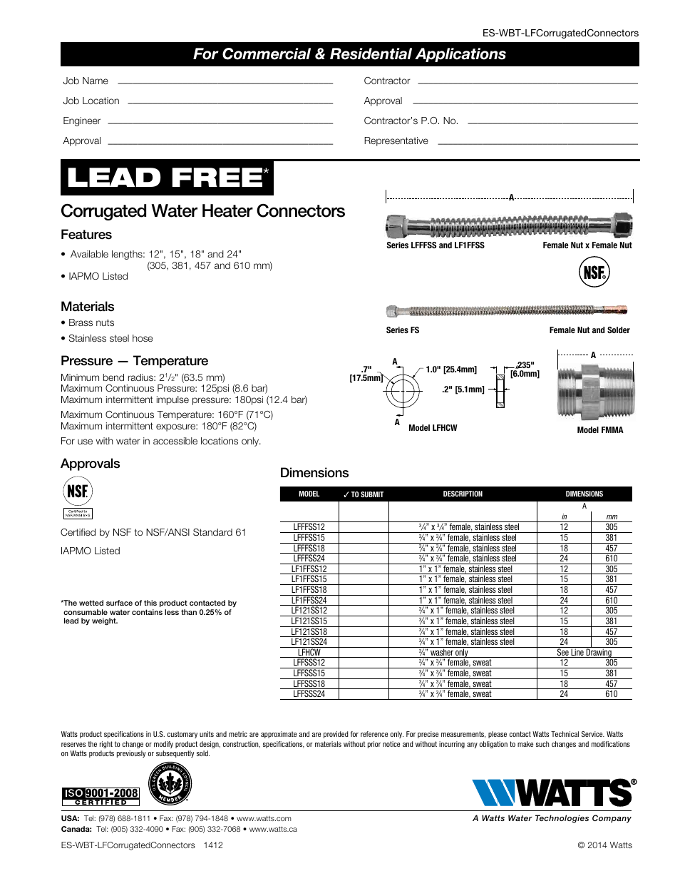 Watts LFHCW User Manual | 1 page