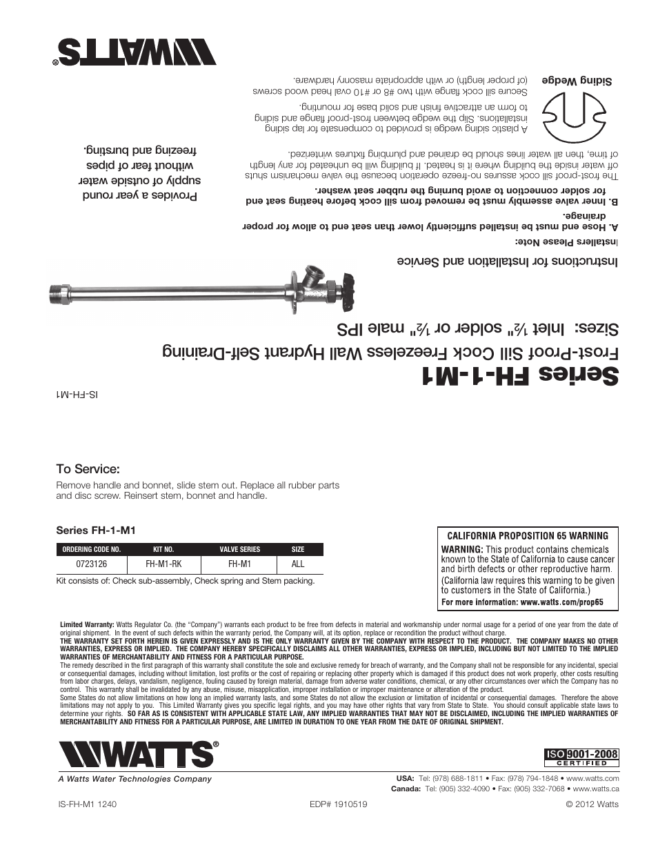 Series fh-1-m1, Solder or, Male ips | Instructions for installation and service | Watts FH User Manual | Page 2 / 2